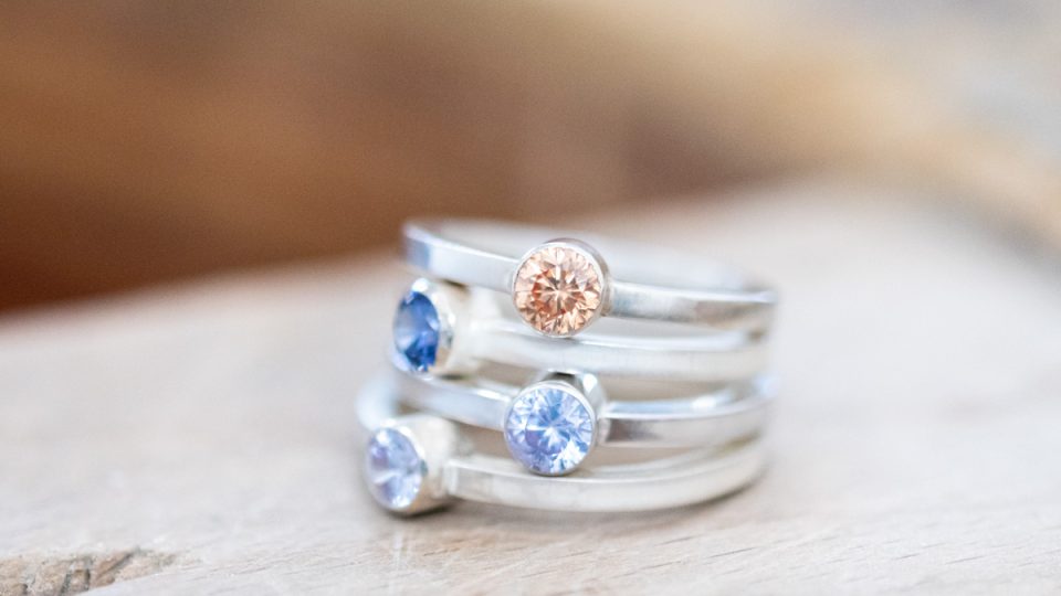 Faceted stone set silver rings ready to polish