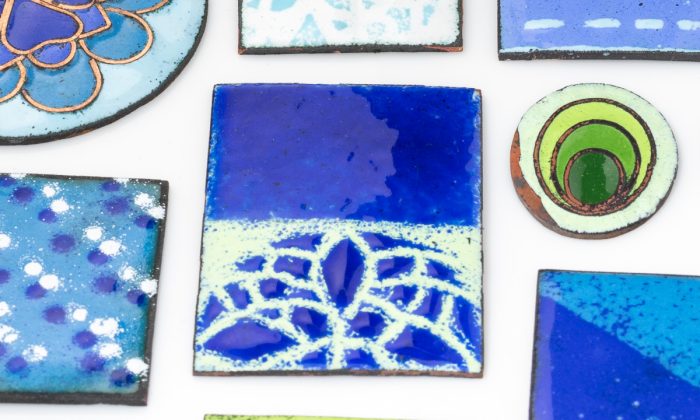 Various enamel sample pieces showing different patterns