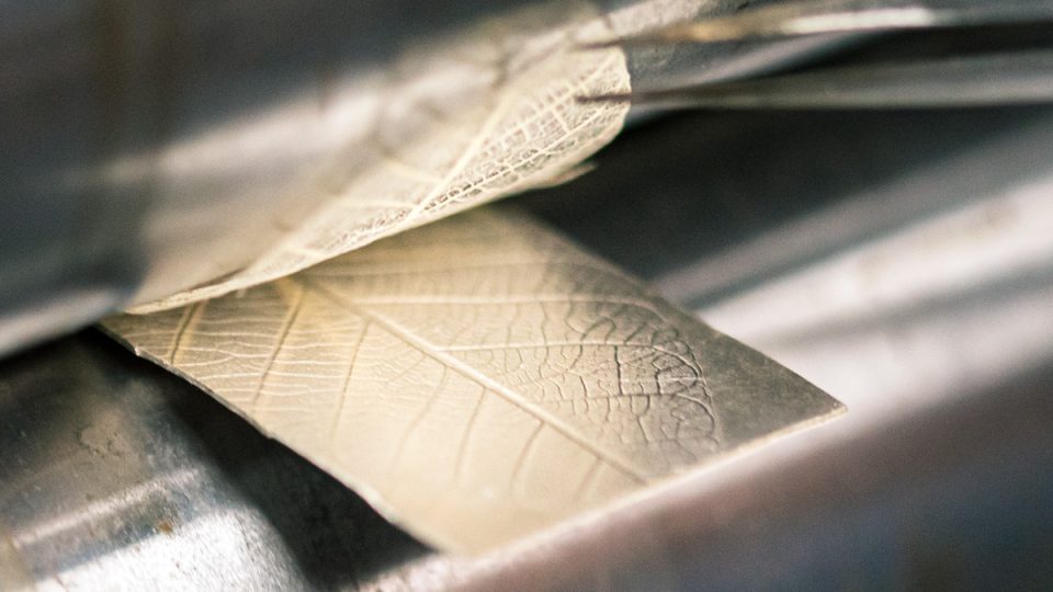 Silver jewellery making class demonstrating silver and leaf skeleton passing through a rolling mill